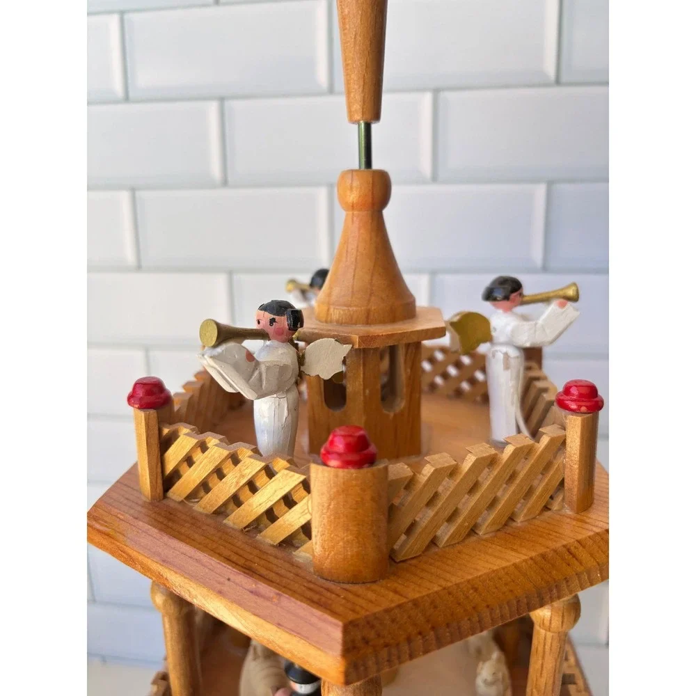 Vintage Christmas Pyramid 3 Tier Wooden‎ Nativity Shepherd Carousel NO FAN